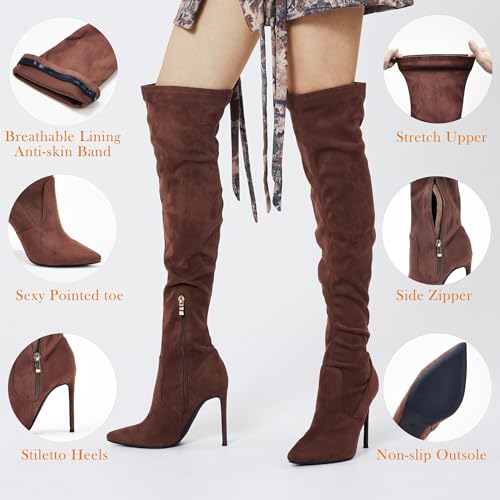 Image of GENSHUO Women's Over the Knee Boots Stiletto Pointed Toe Thigh High Heel | Stretchy Thigh High Long Boots with Side Zipper, Sexy Slim Fit Tall Heeled Boot for Club Party Evening Dress Wear
