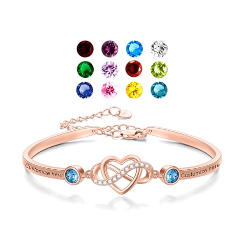 AOBOCO Sterling Silver Personalized Infinity Heart Bangle Bracelet with Name and Birthstones Custom Engraved Bracelet for Women3