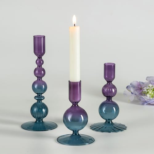 Hewory Portavelas de Cristal Velas de Colores: Set de 3 Portavelas de Cristal Azul Decoración Estética Portavelas de Cristal para Decoración de Mesa de Salón Fiesta