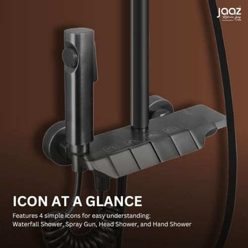 Image of Jaaz Thermostatic Piano Shower Set for Bathroom with Rainfall Showerhead, Waterfall Outlet, Hand Shower & Temperature Display - Matte Black (Astra)