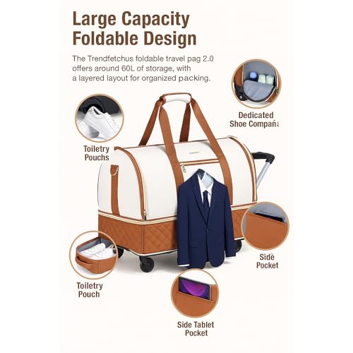 Trendfetchus Foldable Travel Bag 2.0 with Wheels – Convertible Garment Duffel Bag, Rolling Carry-On Weekender for Men & Women (White A)4