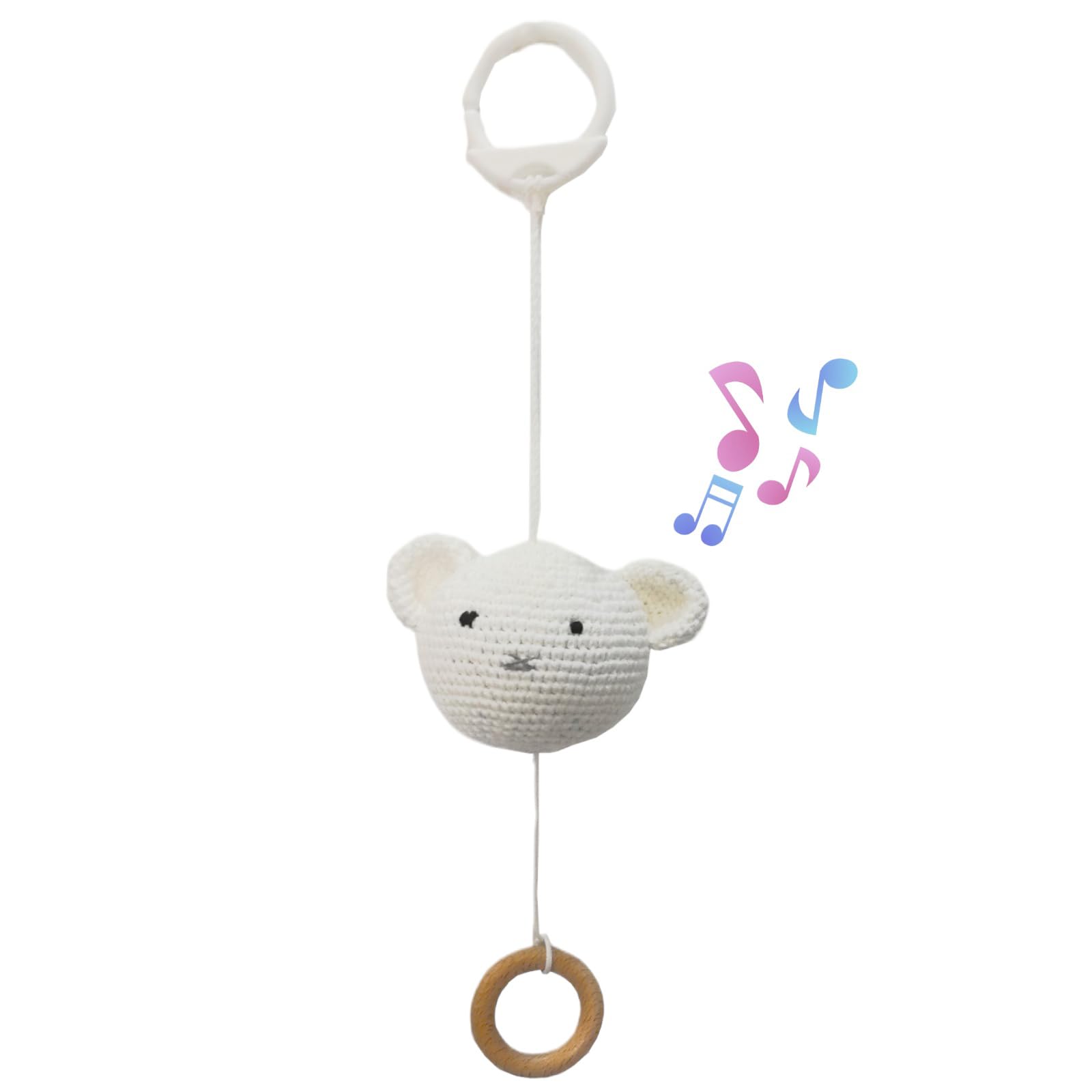 BBYP Baby Hanging Musical Box Toys, Soothing Musical Pulldown Toy with Wooden Teether, Crochet Musical Bear Head Toys for Newborn Infant Baby Toys for 0, 3, 6, 9, 12 Months