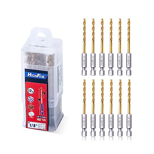 HIGHFIRE 1/8" 135 Degrees Split Point Drill Bits, High Speed Steel Drill Bit Set, Titanium Twist Hex Drill Bits for Steel, Copper and Aluminum (Pack of 12 Identical Pcs)