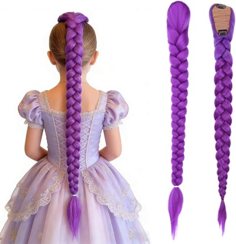 Rumi Kostüm Kinder K-Pop Dämonenjäger Perücke mit Zöpfen Lila 60cm Hitzebeständige Synthetikfaser für Halloween und Weihnachten