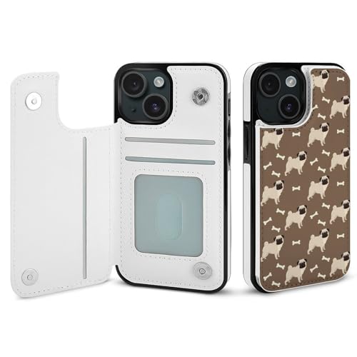 iPhone15用ケース 手帳型 パグ 犬 パグ柄 かわいい 骨 アイフォン15用ケース 背面 財布型 スマホケース PUレザー カード収納 スタンド機能 おしゃれ