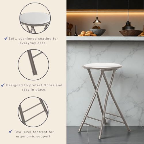 Image of Lavish Home Folding Stool with Padded Backless Seat, White, 24 Inch | Counter Height Bar Stools with 225lb Capacity, Portable Indoor & Outdoor, Extra Seat for Kitchen, Rec Room or Camping