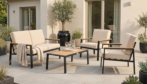 DAKO® 4-Piece Garden Furniture Set BEGANO – Aluminium 2-Seater Sofa, 2 Armchairs & Coffee Table with Wood-Effect Top & Cream Cushions – Modern Outdoor Patio Lounge Set