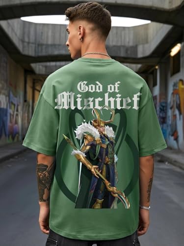 Image of Bewakoof Heavy Duty 1.0 Official Marvel Merchandise Loki Men's Graphic Print Oversized Fit Half Sleeve Round Neck Cotton T-Shirt