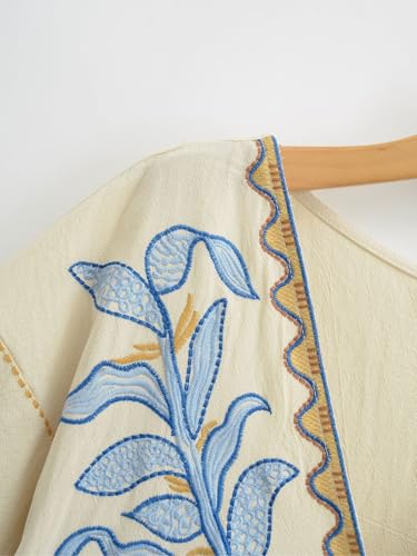Image of Joiemont Womens Oversized Floral Embroidered Long Dress with V-Neck and 3 /4 Sleeves Vintage Embroidery Babydoll Dress