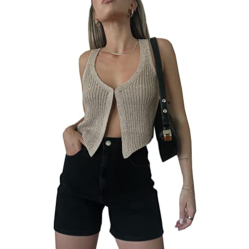 Women Summer Ribbed Crop Tank Tops Sleeveless Turtleneck Sweater Vest Teen Girls Slim Fit Crochet Knitted Camisole Streetwear (G Khaki, S) #TOP1