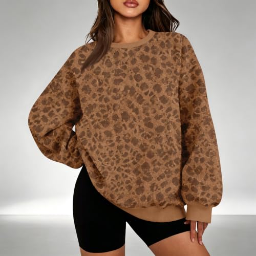 Women Leopard Print Sweatshirt Y2K Ribbed Crewneck Oversized Pullovers - image 3