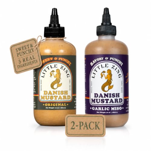 Little Zing Danish Mustard Combo Pack, Original Sweet &amp; Punchy + Garlic Miso Umami, 2 x 10 oz Squeeze Bottles, Drizzle-Ready, No Preservatives, Vegan &amp; Gluten Free Set