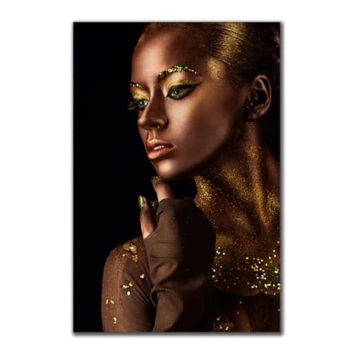 Peinture sur toile de femme africaine noire et dorée cadre 70x110 cm