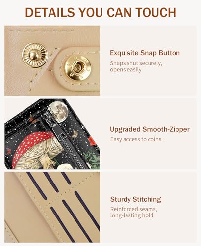 Image of Immaturus Womens Wallet, Mushroom Skull Slim Thin RFID Blocking Credit Card Wallets, Long Bifold PU Leather Card Holder Organizer, Goth Cash Clutch Billfold with Zipper Coin Pocket Ladies Girls Gift