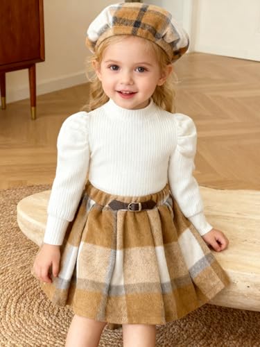 Image of Toddler Girl Outfits Puff Sleeve Ribbed Shirt Knitted Tops Pleated Plaid Skirt Set with Hat 3Pcs Fall Winter Clothes
