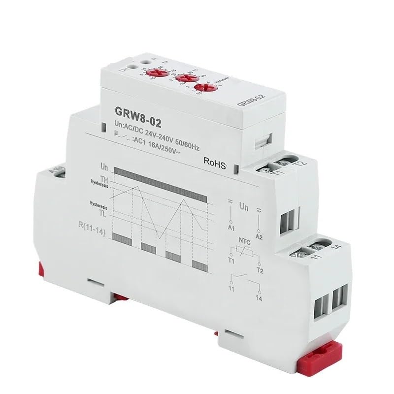GRW8-01/02 Din Rail Temperature Control Relay 16A AC/DC24-240V NTC Sensor Heating & Cooling 1pcs(GRW8-01-2m Sensor)