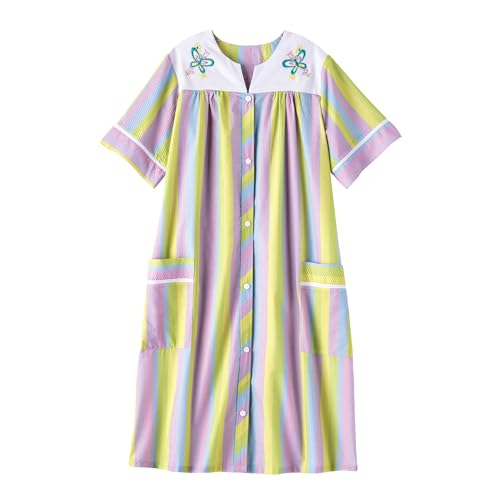 Image of AmeriMark Women Calf-Length Snap Front Knit Duster House Coat Robe - Loose-Fitting Plush Bathrobe - Short Sleeve Bath Robe