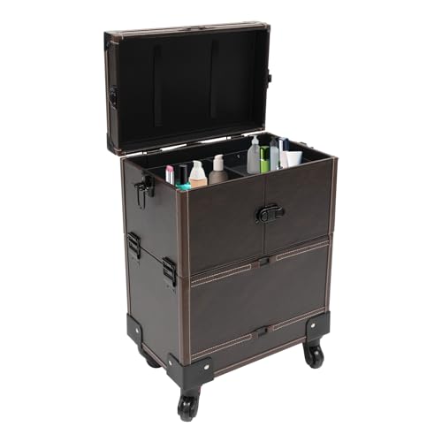 Goudergo Rolling Makeup Train Case for Artist, Beauty Trolley Cosmetic Organizer Box with 4 Wheels, Makeup Train Case for Wedding Makeup Artists and Cosmetic Trainees (Coffee)