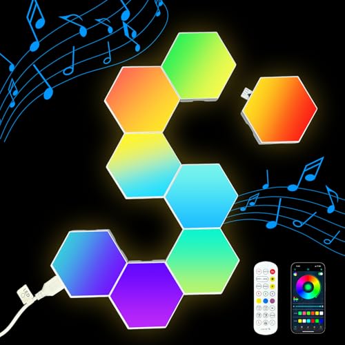 Image of Hexagon LED Light Panel, 8 Pack Smart APP and Remote RGB Wall Lamp with Cool Music Sync for Gaming Room Bedroom