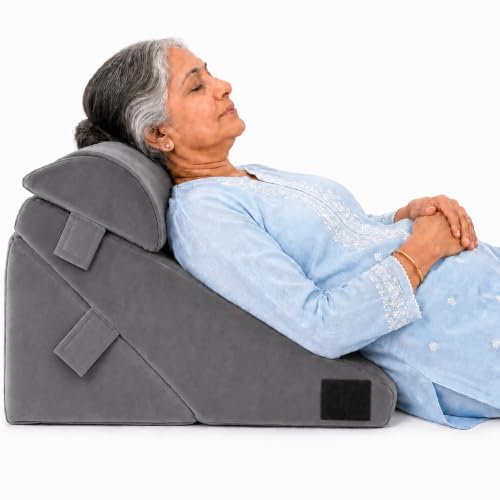 Image of Orthopedic Adjustable Wedge Pillow with Memory Foam & Headrest for Back Support, Leg Elevation, Acid Reflux, GERD, Snoring Relief - 7 Inclines - Soft Washable Cover - Grey (56 x 53 x 38 CM)