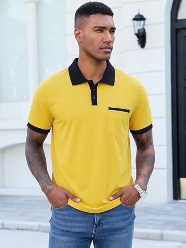 Image of Men's Casual Polo Shirts Summer Short Sleeve Contrast Collar Buttoned Tee Polo Shirt with Pocket
