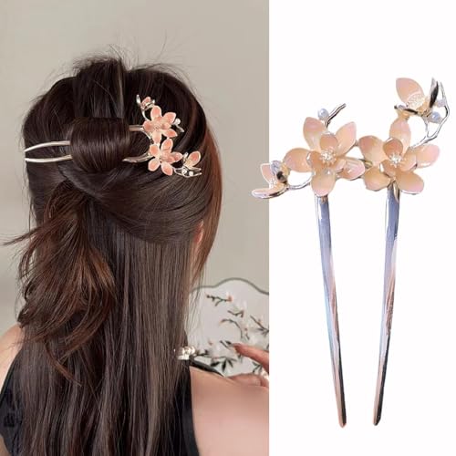 S.A.V.I Pink Enamel Peach Blossom U-Shaped Hairpin for Women | Elegant Floral Hair Accessory for Updos & Hairstyles | Chic Bridal, Party & Casual Wear Ornament | Durable & Stylish Design Deal
