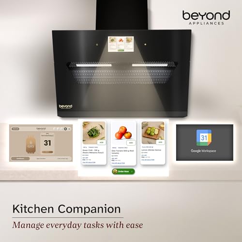 Image of Beyond Appliances Eris 90cm Auto Clean Slant Kitchen Chimney | 1500 CMH Suction | Filterless | Smart Touchscreen Display | Touch Control | Black | PAN INDIA SERVICE| BA-SL-ER-AD-90-CH-001