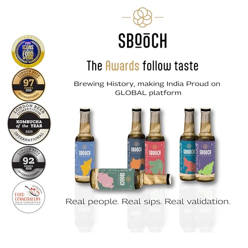 Image of SBOOCH - Koshimbir, Naga Pepper, Tulsi & Lemon, Rasam, Rice & Pandan, Gor Keri -Sparkling Kombucha 275ml Pack of 6 Flavours | Naturally Fermented Tea Drink | Low Sugar, Vegan, Non-Alcoholic | Clean, Gut-Friendly, Antioxidant-Rich Premium Beverage