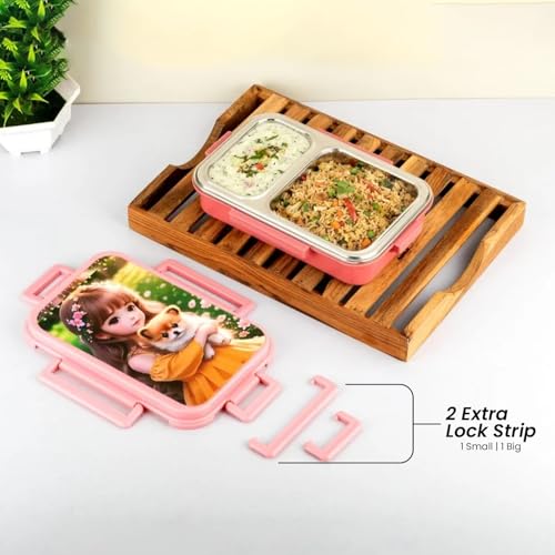 Image of 2 Compartment Stainless Steel Lunch Box with Theme Design | Insulated BPA Free Leakproof Tiffin Box with Locking Lid & Steam Valve for Kids & Adults (Design As Per Availability)