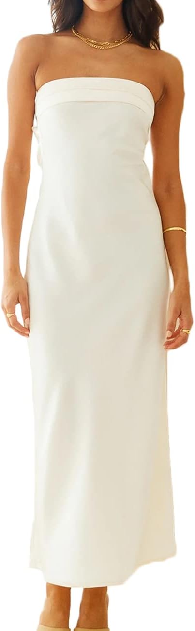 Realtix Satin Silk Backless Tube Tops Maxi Dress for Women Low Back Hollow Out Elegant Strapless Long Dresses Wedding Guest