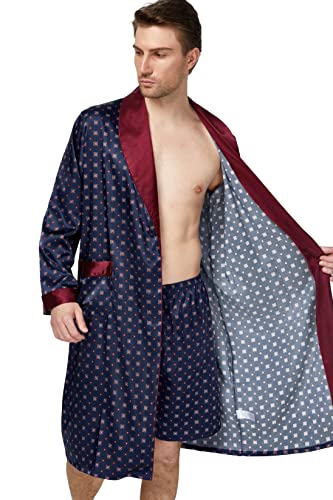Image of TONY AND CANDICE Men's Satin Robe Lightweight Long Sleeve Silk Kimono Bathrobe with Shorts Set Sleepwear