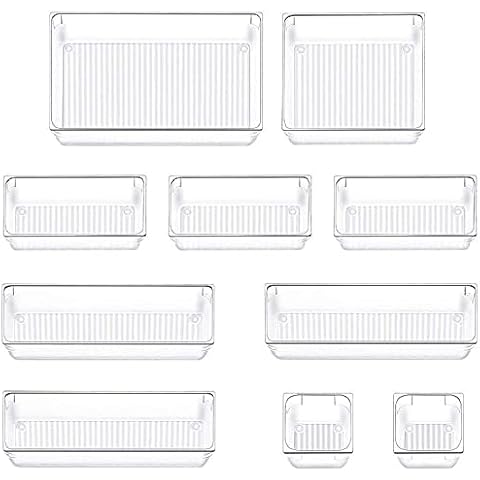Evance 10pcs Clear Drawer Organizer, Desk Drawer Organizer Trays with 5-Size Plastic Storage Boxes Divider, Versatile Drawer Dividers Makeup Organiser Set (Clear) Cover