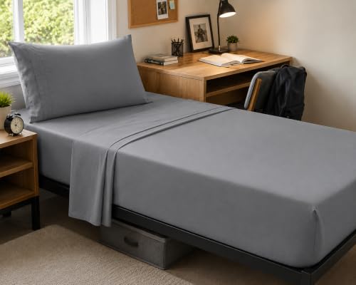 Twin XL 100% Microfiber Double Brushed Sheet Set - Extra-Soft & Wrinkle-Free - 15" Deep Pockets, 39" x 80" - Ideal for Dorms, Hospitals & Split King Beds - 3 PC Set (Twin XL, Gray)