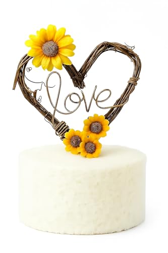 Rustic LOVE Wedding Cake Topper with Dried Twigs and Sunflowers