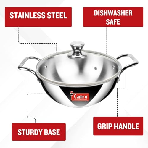 Image of Camro Triply Artisian kadhai with Glass Lid | Kadhai for Deep Frying | Kadhai Induction Base | Kadai for Cooking Stainless Steel | Induction Friendly Dishwasher Safe (5.8 Liters)