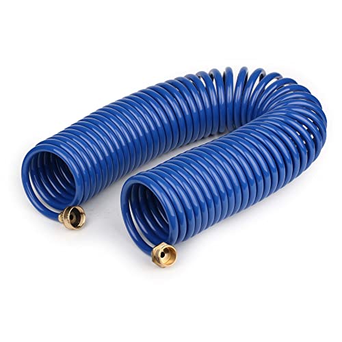 FUNJEE EVA Coil Garden Hose for Gardener: Retractable Self Coiling Hoses with 3/4" GHT Quick Connector Fittings - Kink Free and Flexible for Home and Garden Yard (50FT, Blue)