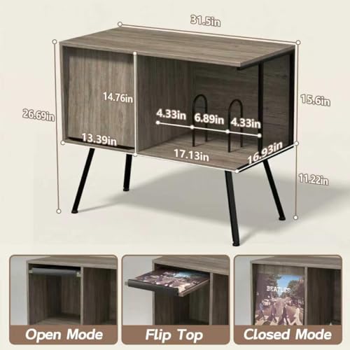 Image of Faesun Flip Top Record Player Stand, Large Turntable Stand Holds up to 150+ Albums, Vintage Mid Century Record Player Table, Stereo Cabinet with Open Storage, for Living Room, Bedroom, Gray