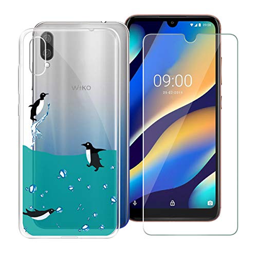 HHUAN Coque pour Wiko View 3 Lite Transparent Cover Souple Silicone TPU Eau de Pingouin Housse Etui Bumper Case + HD Verre trempé en écran Film Protecteur pour Wiko View 3 Lite (6.09')