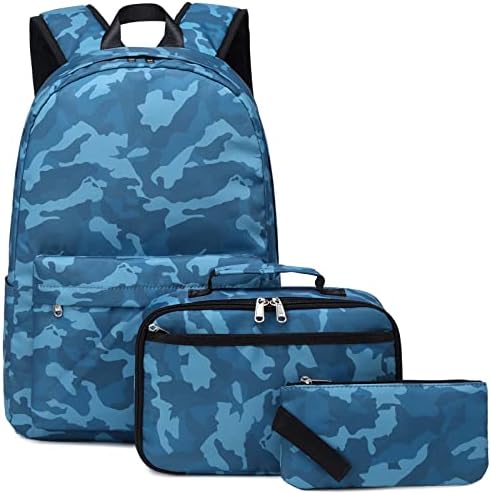 OctSky Kids Backpack for Boys School Backpack Elementary Bookbags with Lunch Box and Pouch Set, 17 inch, Camo Blue