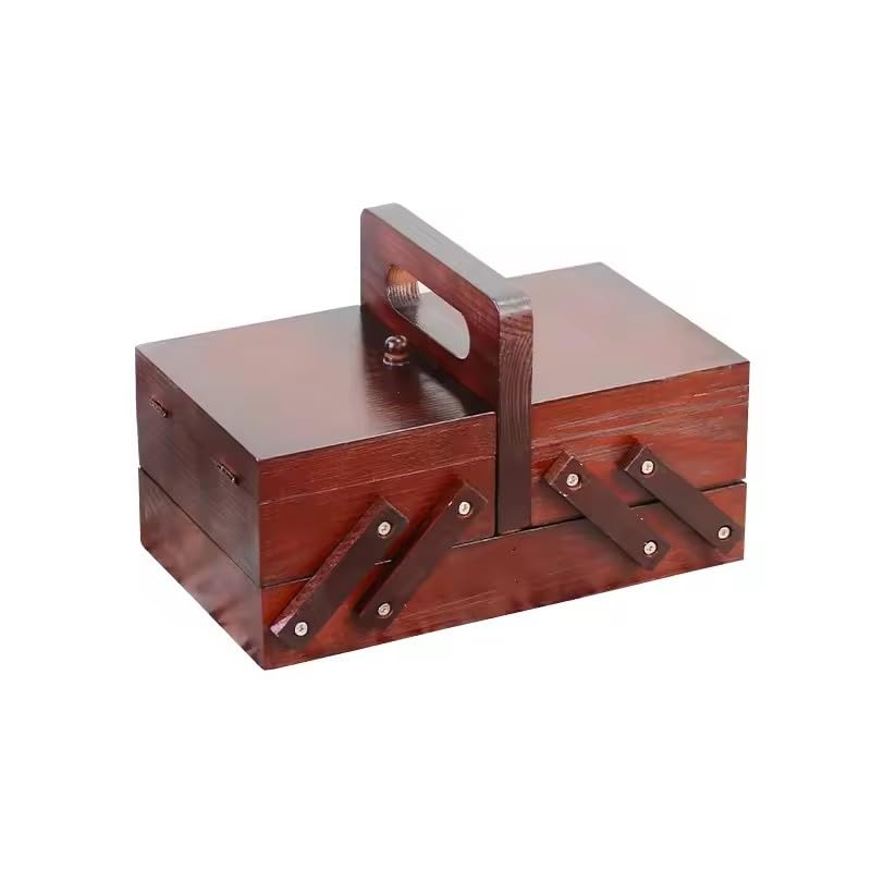 1 x erweiterbare Nähkästchen aus Holz, Nähset, Aufbewahrungsbox mit Griff, Stickset, Nähkorb aus Holz