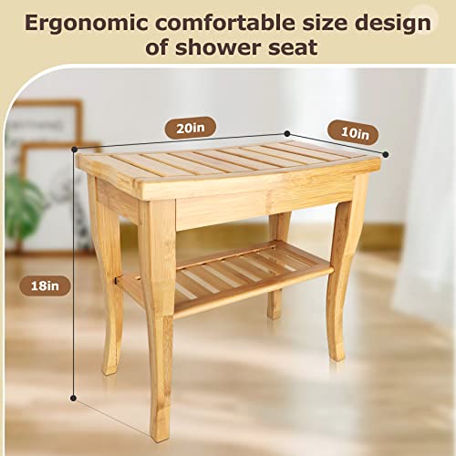 20" Teak Shower Bench, Teak Shower Stool With Storage Shelf,Waterproof Shower Chair For Bathroom,Home Care Teak Shower Seat Bench,Portable Wooden Spa Bath Seat,Shower Bench For Elderly #TOP5