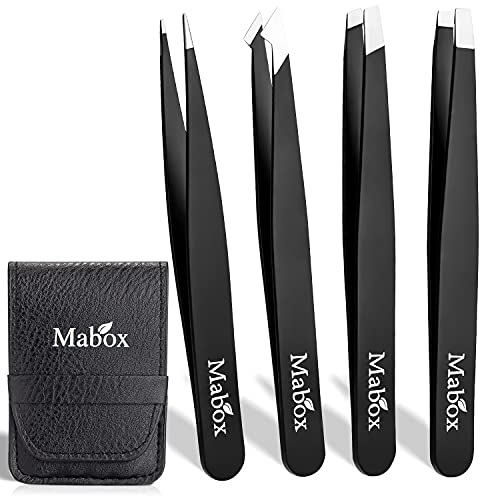 Mabox Professional Tweezer Set with Case - 4 Pieces Slanted and Pointed Stainless Steel Tweezer Set, Precision Slant Tweezers for Eyebrows, Facial Hair, Ingrown Hair, Splinter and Blackhead (Black)