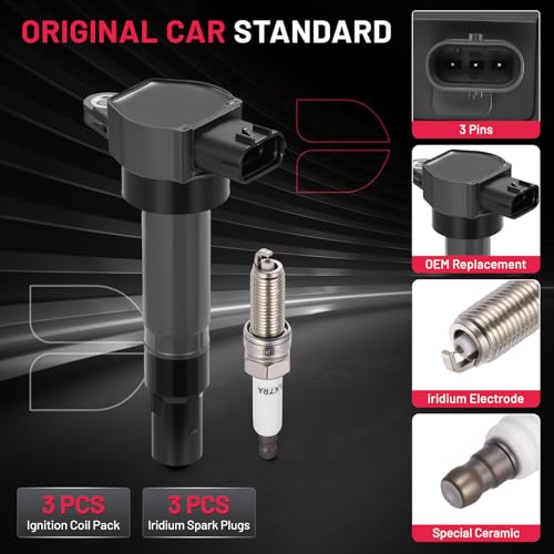 Image of BDFHYK 3 Ignition Coil Pack UF543 and 3 Iridium Spark Plug SP541 Compatible with Smart Fortwo 2008-2015 1.0L l3 Coil for 12597745 42597745
