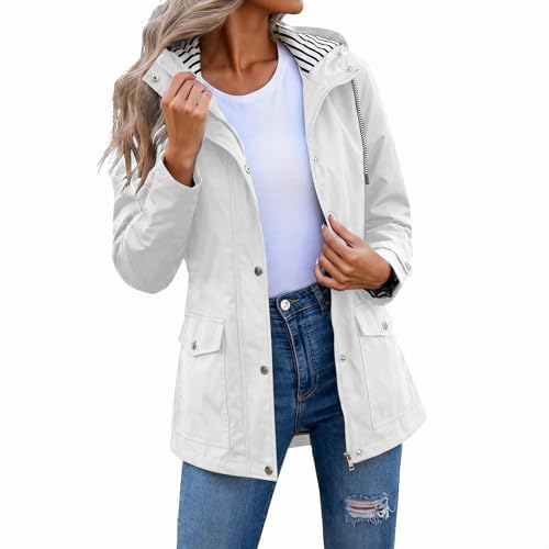 FOCLMP Womens Rain Coat with Hood Lightweight Waterproof Golf Windbreaker Long Length Zip Button Hiking Travel Trench Jacket womens raincoat White 2XL