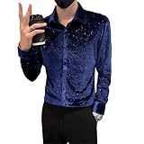Mens Sequins Tops Turndown Collar Long Sleeved Chemise Homme De Luxe Slim Club Blouse Shirt Blue 4XL