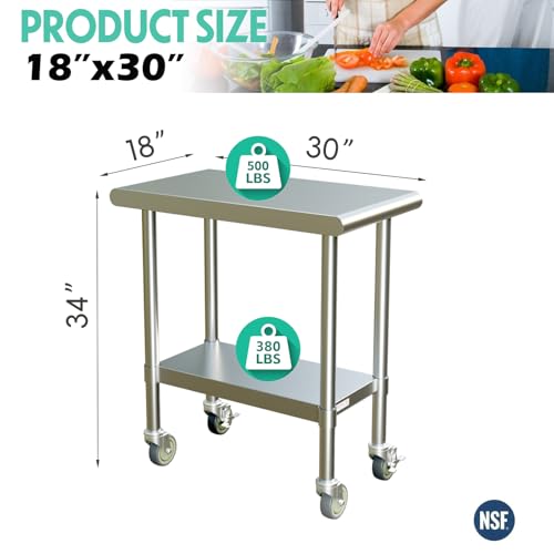 Image of STABLEINK NSF Stainless Steel Small Table 18x30 Inches with Wheels, Metal Prep & Work Table with Adjustable Undershelf, for Commercial Kitchen, Restaurant, Hotel and Garage