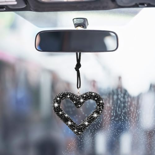 Kifmurase Bling Heart Car Mirror Hanging Accessories, Black Crystal Rhinestone Vehicle Rear View Mirror Charm Pendant Ornaments, Cute Diamond Auto Interior Hanger Decoration for Women Men - Thumbnail 6