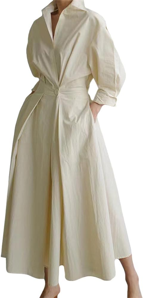 Women Maxi Polo Collar Shirt Dress Long Sleeve Elastic Button Waist Full Swing Casual Office Dresses with Pocket