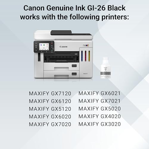 Canon GI-26 Genuine Pigment Black Ink Bottle, Compatible with MegaTank GX7120, GX6120, GX5120, GX6020, GX7020, GX6021, GX7021, GX5020, GX4020, and GX3020 Printers