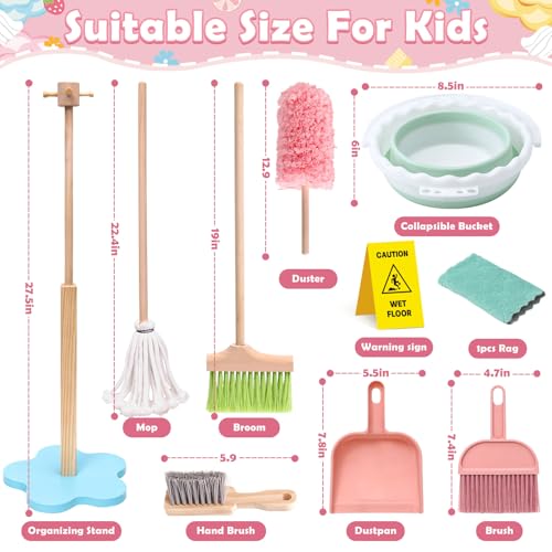 Toyssa Wooden Kids Cleaning Toy Set for Toddlers Mop Broom and Dustpan Set, 12 Pcs Detachable Housekeeping Playset with Bucket Duster Brushes Pretend Play Cleaning Toys Gift for Boy Girl Age 3 4 5 6